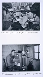 Top: Debenham, Gran and Taylor in their cubicle. Bottom: Dr Simpson at the unifilar magnetometer. Scott